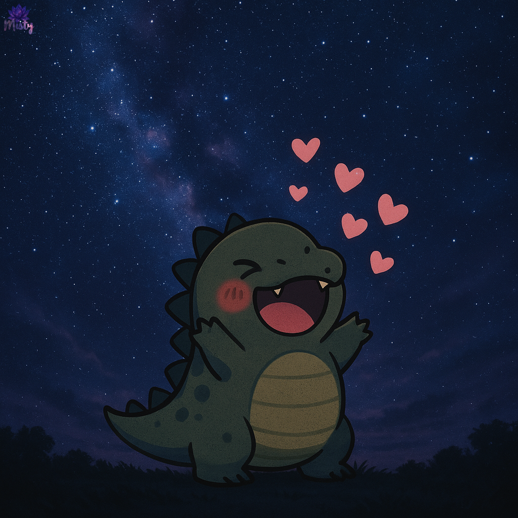 Cute green dinosaur under a starry night sky with pink hearts, holding big existential feelings gently.