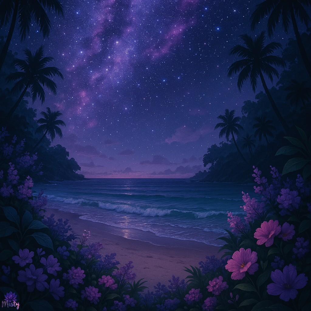 Starry night over a quiet beach scene.