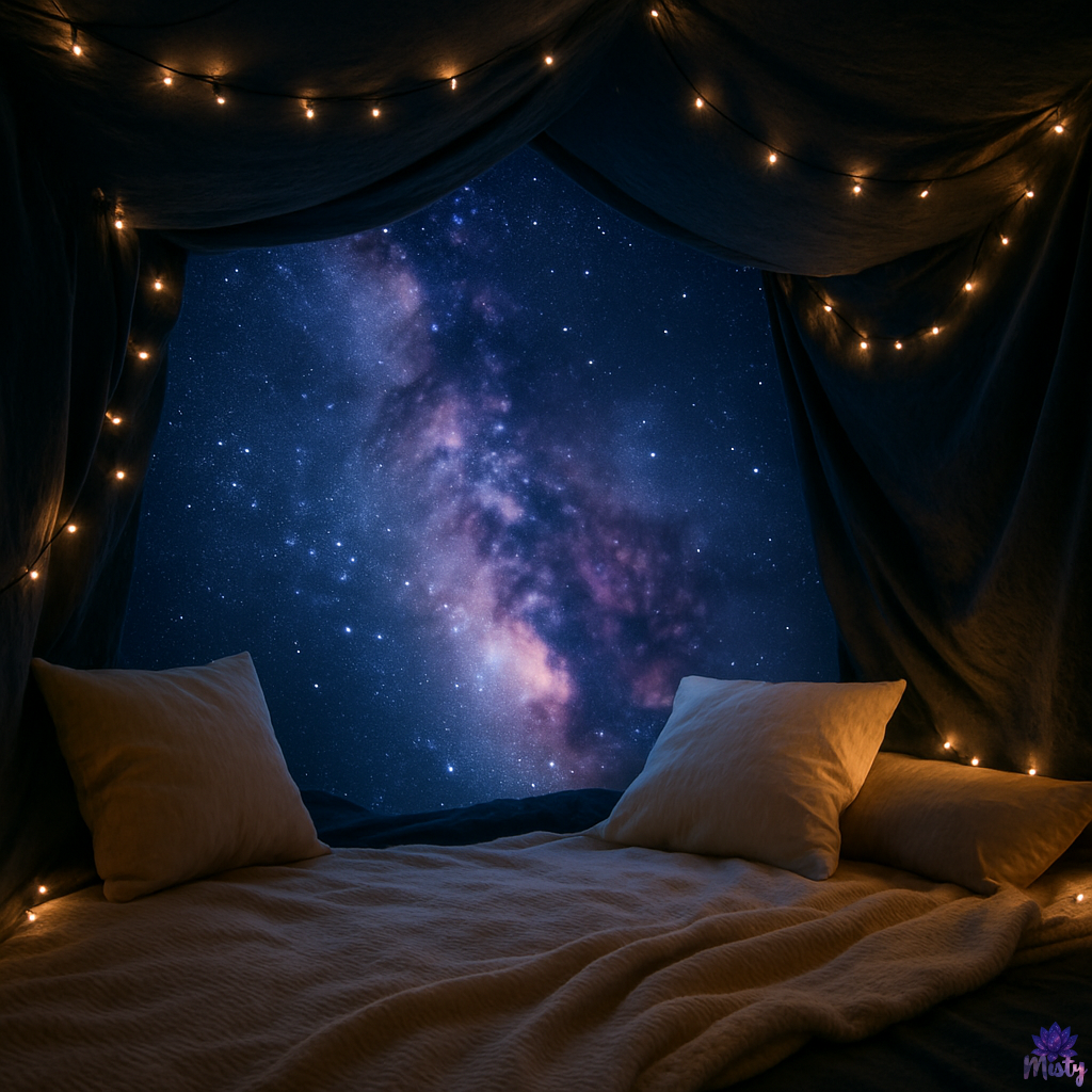 Soft night scene with a cozy, starry retreat feeling.